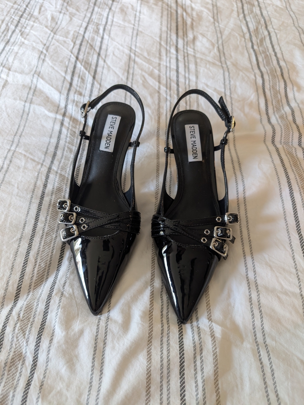 Steve Madden Black Patent Pointed Triple-Buckle Slingbacks